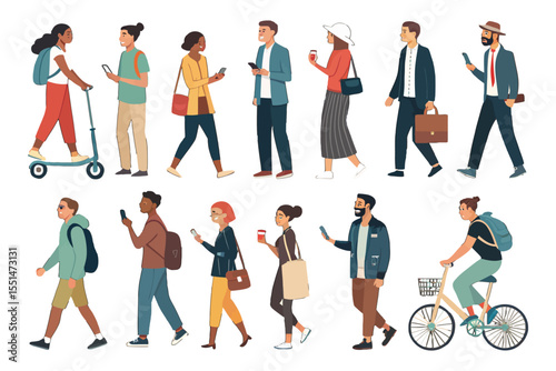 Digital Natives: Modern individuals absorbed in their smartphones, navigating urban environments, with a spectrum of ages and diverse activities in a vibrant digital age.
