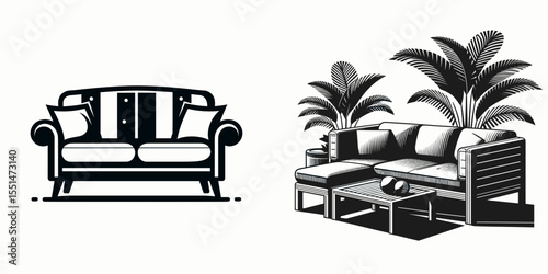 Outdoor Sofa. Furniture Interior Decoration Cartoon Animal Clipart Line Art Vector Illustration. Patio couch for open air relaxation porch lounger backyard.