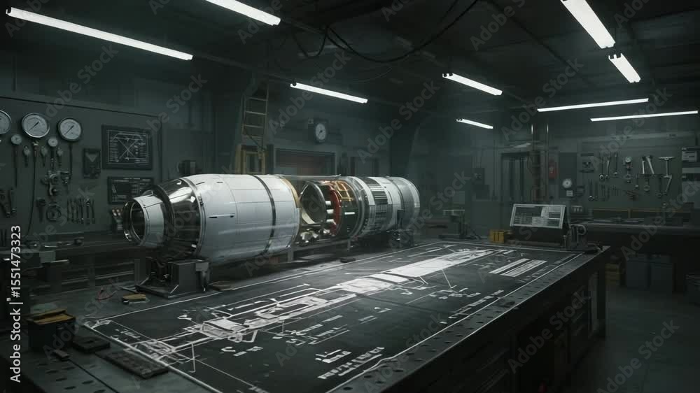 Industrial workshop with rocket engine on workbench and tools around  