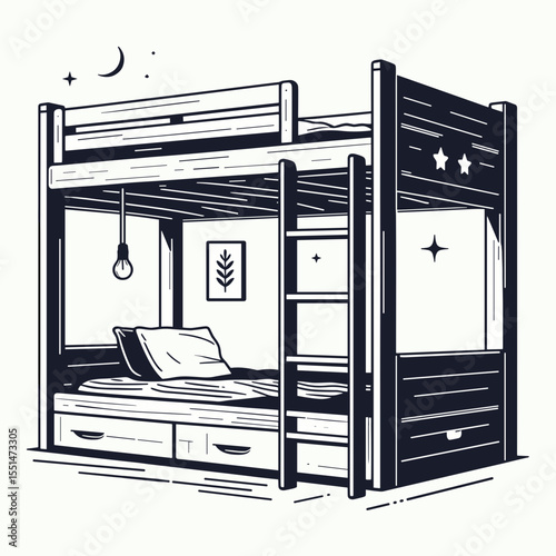 Loft Bed. Furniture Interior Decoration Cartoon Animal Clipart Line Art Vector Illustration. Raised sleeping platform frame high sleeper with storage for a smaller room.