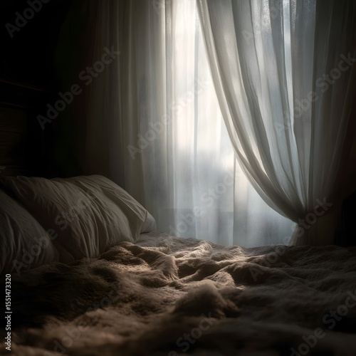Soft lit bedroom with sleeping silhouette behind gauzy curtain