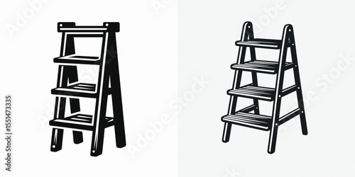 Ladder Shelf. Furniture Interior Decoration Cartoon Animal Clipart Line Art Vector Illustration. Leaning bookcase tiered display unit home storage and organization fixture.