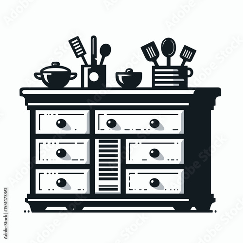 Kitchen Island. Furniture Interior Decoration Cartoon Animal Clipart Line Art Vector Illustration. Central cooking counter a practical workspace for culinary design and prep.