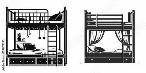 Loft Bed. Furniture Interior Decoration Cartoon Animal Clipart Line Art Vector Illustration. Elevated bunk furniture compact sleeping area for home apartment dorm.