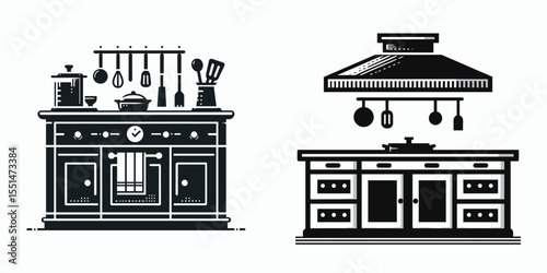 Kitchen Island. Furniture Interior Decoration Cartoon Animal Clipart Line Art Vector Illustration. Central worktop addition for culinary area prep dine and store equipment.