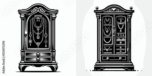 Jewelry Armoire. Furniture Interior Decoration Cartoon Animal Clipart Line Art Vector Illustration. Cabinet for adornment tall storage chest to hold earring ring bracelet.