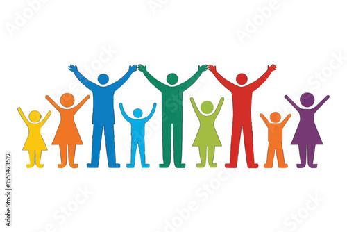 United Hands, United Colors: An inclusive illustration of a diverse group of individuals, representing unity and the beauty of community. Each figure stands tall, connected by shared hands.