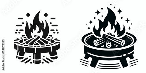 Fire Pit. Furniture Interior Decoration Cartoon Animal Clipart Line Art Vector Illustration. Outdoor blaze bowl backyard heater patio hearth for open air warmth.