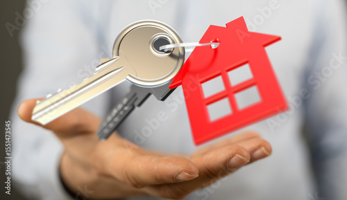 Image of house keys and a red house model, symbolizing homeownership and real estate.