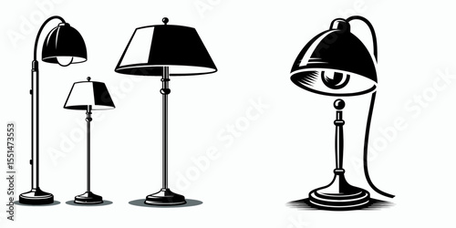 Floor Lamp. Furniture Interior Decoration Cartoon Animal Clipart Line Art Vector Illustration. Upright luminaire fixture for home illumination and living area decor.