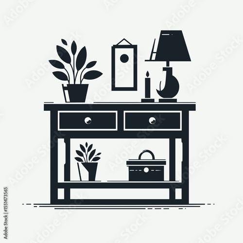 Entryway Table. Furniture Interior Decoration Cartoon Animal Clipart Line Art Vector Illustration. Hall furnishings console side unit for home interior foyer decor idea.