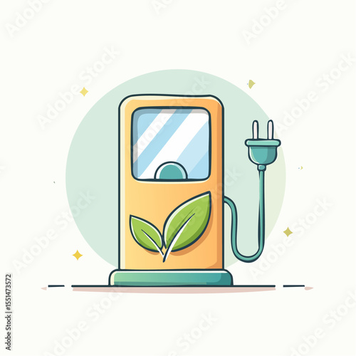 An electric vehicle charging station with leaf illustration set against a light green circular backdrop