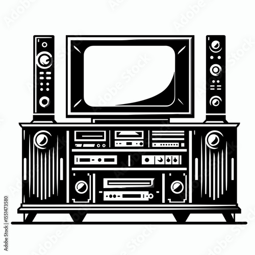 Entertainment Center. Furniture Interior Decoration Cartoon Animal Clipart Line Art Vector Illustration. Media console television audio display for home recreation area.