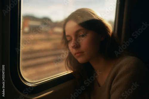 A young woman naps peacefully by the window on a train journey. Warm, cinematic sunlight creates a serene and nostalgic atmosphere.