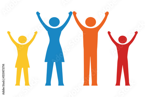 Celebration of Unity: A vibrant graphic illustrating the harmony of a diverse group of individuals, arms raised high in a testament to togetherness, forming a vivid symbol of collaboration and joy.