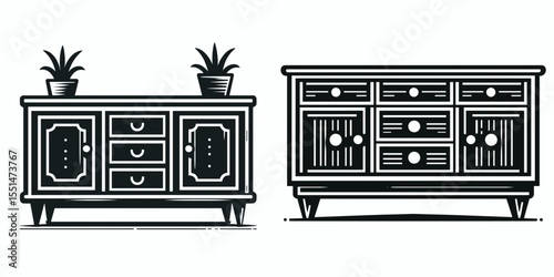 Credenza. Furniture Interior Decoration Cartoon Animal Clipart Line Art Vector Illustration. Buffet table sideboard cabinet storage unit office console for holding item.