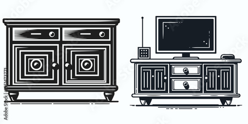 Credenza. Furniture Interior Decoration Cartoon Animal Clipart Line Art Vector Illustration. Sideboard item for office dining area and home storage solution.