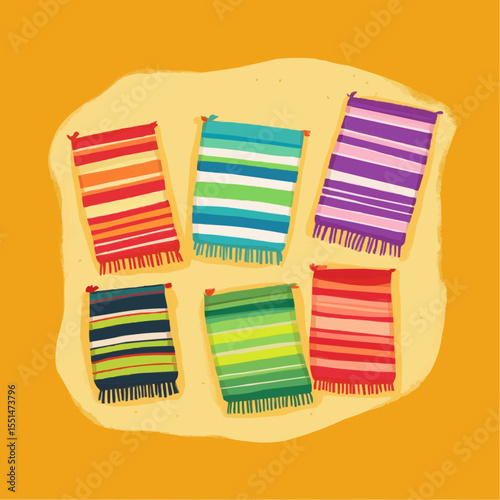 flat naive top-down illustration of colorful striped beach towels, laid out on yellow sand, cartoon simple shapes, ideal for summer packaging, printables and kids beach decor