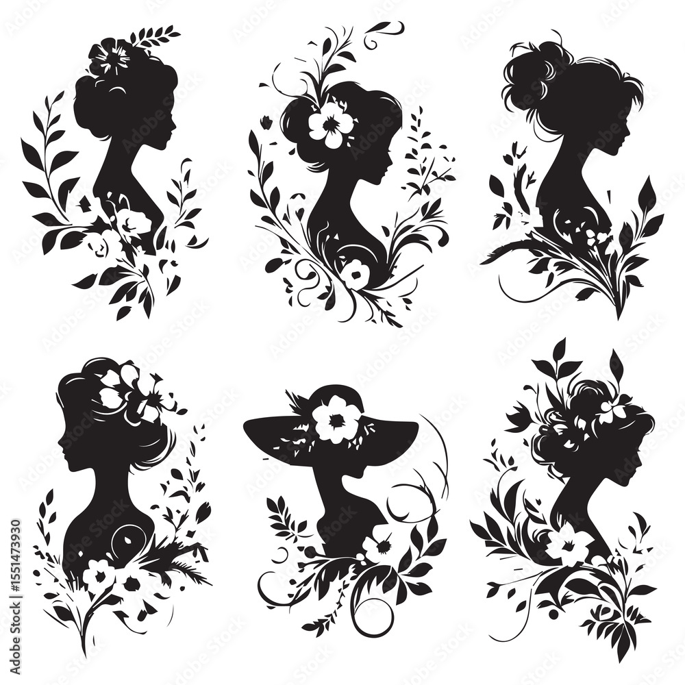 Fototapeta premium Elegant women silhouettes with floral designs white baground