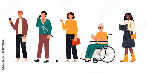 Diverse People Engaging in Daily Activities Including Technology and Disability Representation