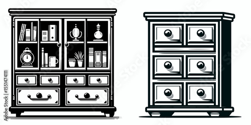 Cabinet. Furniture Interior Decoration Cartoon Animal Clipart Line Art Vector Illustration. piece a storage fixture closet type for home arrangement organizing.
