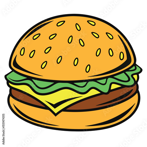 Cartoon hamburger with sesame seeds and cheese isolated on white background