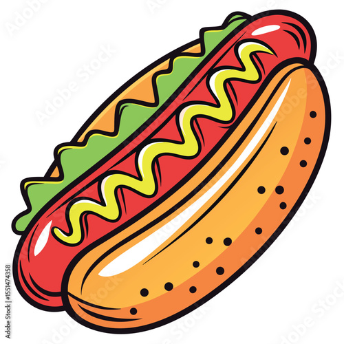 Stylized hot dog with mustard and relish isolated on white background