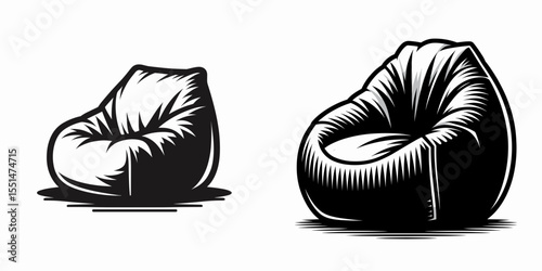Bean Bag Chair. Furniture Interior Decoration Cartoon Animal Clipart Line Art Vector Illustration. Comfortable seating large cushion for relaxing indoors and recreation.