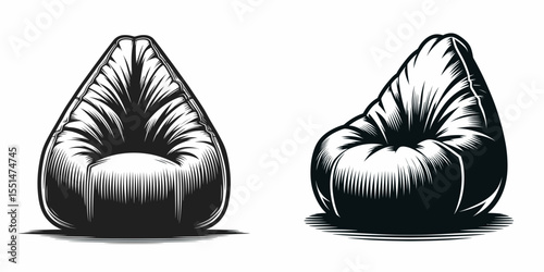 Bean Bag Chair. Furniture Interior Decoration Cartoon Animal Clipart Line Art Vector Illustration. Comfy seat relaxed lounge adaptable furnishing casual room deco home goods.