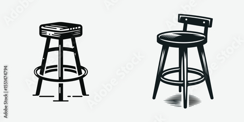 Bar Stool. Furniture Interior Decoration Cartoon Animal Clipart Line Art Vector Illustration. Counter chair tall seat for home pub or kitchen island furnishing.
