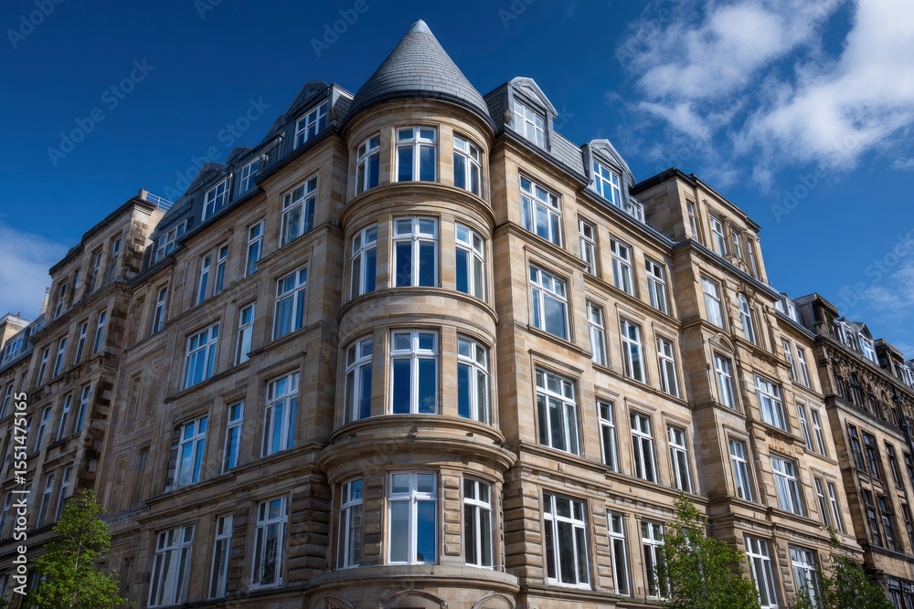 Fototapeta premium Ornate tan building with conical turret multiple floors repeating window patterns under a blue sky with scattered clouds
