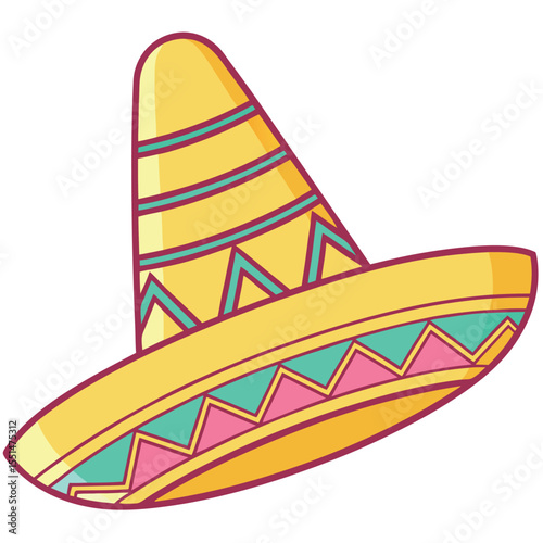 Colorful cartoon sombrero hat with geometric patterns isolated on white background