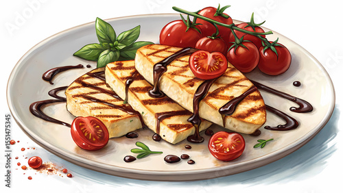 Grilled halloumi cheese with balsamic glaze and cherry tomatoes a mediterranean summer appetizer