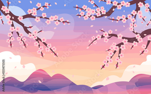 Serene Cherry Blossom Sunset A Digital Illustration of Tranquil Spring Scenery
