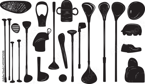 Silhouette Illustration of Various Golf and Paddle Boarding Equipment on White