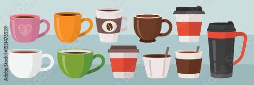 A Flat Design Illustration Showcasing a Variety of Coffee Cups and Mugs