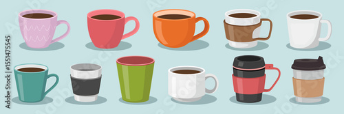 A Flat-Design Illustration Showcasing a Variety of Coffee Cups and Mugs