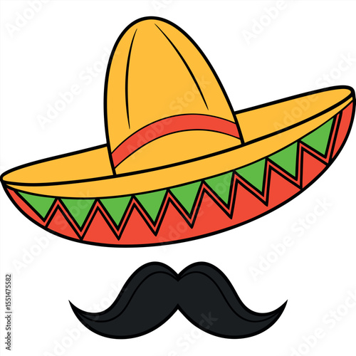 Traditional mexican sombrero and mustache illustration isolated on white background
