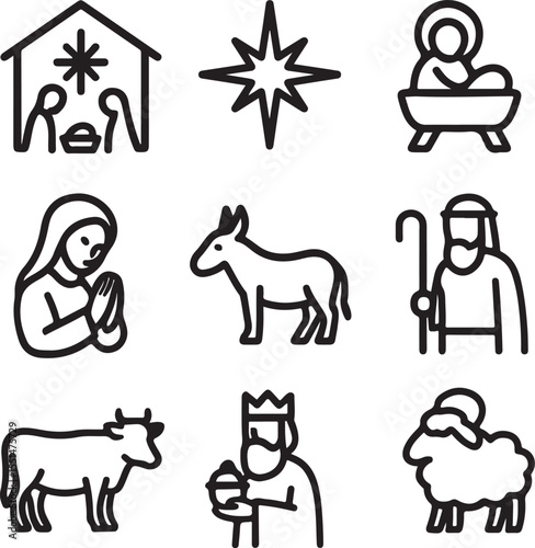 Nativity Scene Line Icons with Baby Jesus, Mary, Joseph, and Animals