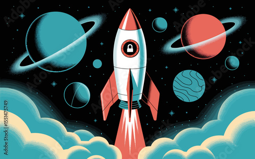 A Vibrant Digital Illustration Retro Rocket Launching into Space