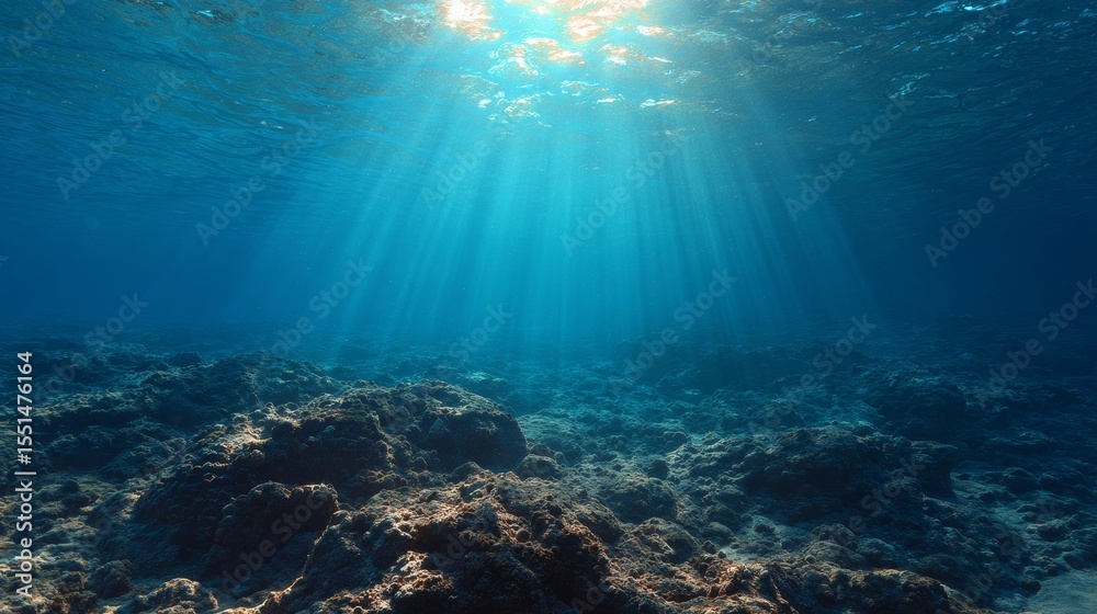 Fototapeta premium Underwater ocean view with beautiful seabed, sunlight beams penetrating through clear blue water, illuminating sand, rocks, coral reef, marine plants. Peaceful aquatic landscape with natural ecosystem
