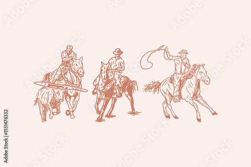 Cowboys on Horseback – Vintage-style line art showing cowboys roping, riding, and herding cattle. Great for western scenes, apparel, ranch illustrations, and cowboy-themed designs.