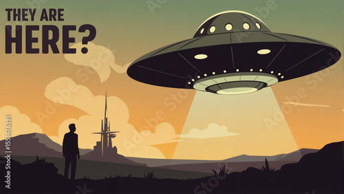 Retro sci-fi poster of a UFO over a futuristic city. Vintage illustration with the text 