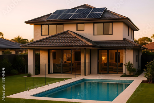 Modern Australian House With Pool And Solar Panels During Warm Sunset Light Reflection Hour