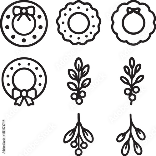 Christmas Wreath and Mistletoe Icons – Line Art Collection