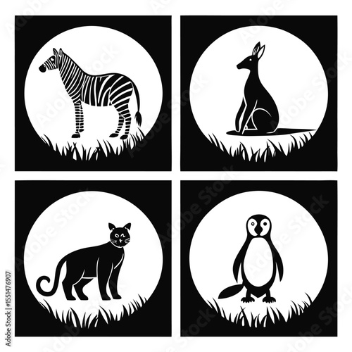 African Wildlife Silhouette Set Zebra, Dog, Cat, Penguin