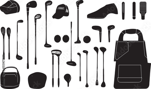 Silhouette of Golf Equipment and Accessories on a White Background