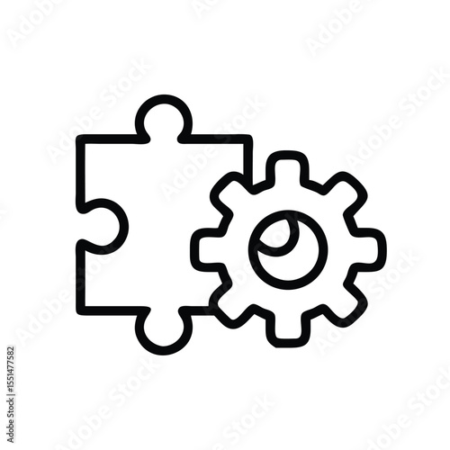 Outline illustration showing a jigsaw puzzle piece next to a gear wheel on a white background view