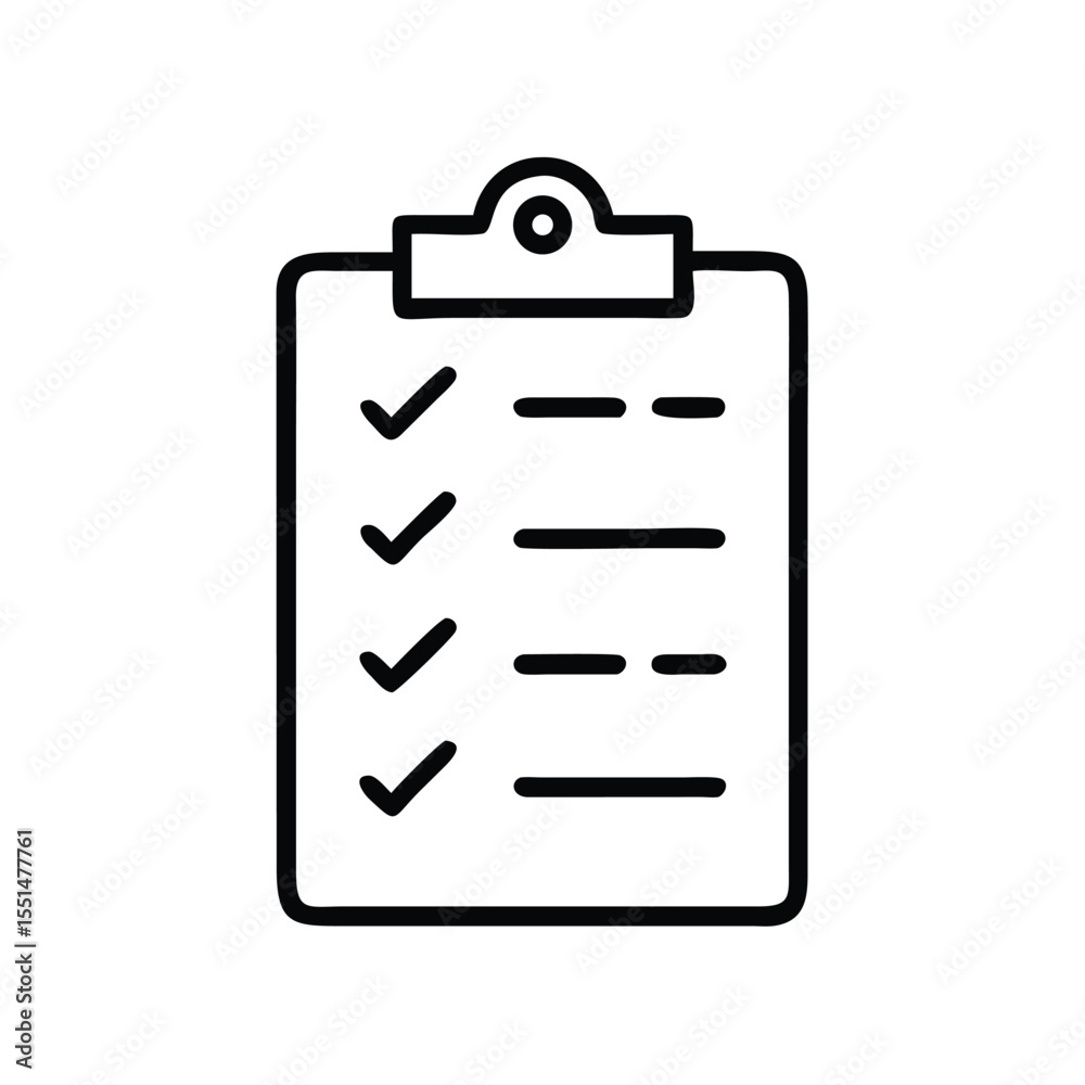 Black outline of a clipboard with check marks and lines representing text on a white background image Black outline of a clipboard with check marks and lines representing text on a white background image