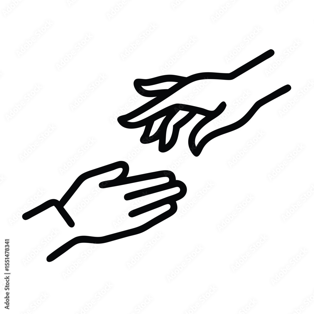 Two hands reaching out towards each other in a simple black line drawing on a white background style Two hands reaching out towards each other in a simple black line drawing on a white background style